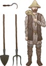 Medieval farmer illustration. Bag in hands, tools shovel, pitchfork and sickle. Ready to use eps10 for your design