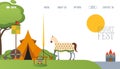 Medieval festival camp website, tent and horse at middle ages campsite, vector illustration