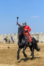 Medieval festival with knight riding horses in Transylvania , Romania