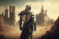 medieval figure of walking knight in armor on background of ruined city