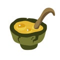 Medieval food in a clay plate. Soup with a spoon. Ceramic cup. Viking food. Delicious broth. Vector food illustration