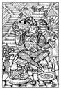 Medieval Fool with tarot cards, cat and staircase