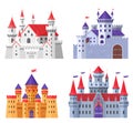 Medieval fort castle vector illustration set, cartoon flat old fantasy kingdom collection of royal fairytale fortress Royalty Free Stock Photo