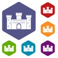 Medieval fortification icons set hexagon