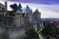 Medieval fortness walls in evening. Carcassonne Royalty Free Stock Photo