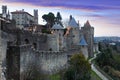 Medieval fortness walls in evening time. Carcassonne Royalty Free Stock Photo