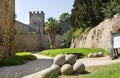 Medieval fortress of knights in Rhodes, stone walls in summer on a Sunny day, cannonballs