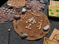 Medieval game boards being presented on a fair