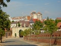 MEdieval gate of the citadel of Alba Iulia, with modern apartment buildings behind