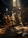 a medieval golden crown falling and shattering into many peaces. rise and fall of a king or queen. golden debris.