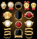 Medieval golden shields laurel wreaths and badges