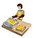 Medieval goldsmith working - hand drawn color illustration, part of medieval series set Royalty Free Stock Photo