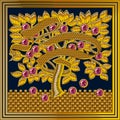 Medieval Goldwork Embroidery Vector Frame. Ruby Stone