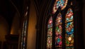 Medieval Gothic architecture with stained glass and illuminated cross inside generated by AI