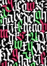 Medieval Gothic pattern. Vector. European modern gothic. Colored letters on a black background. All letters are handwritten with a