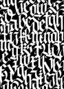 Medieval Gothic pattern. Vector. European modern gothic. White letters on a black background. All letters are handwritten with a p