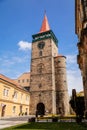 Medieval gothic tower with gallery and clock, Valdice gate or Valdicka brana, Historical center, renaissance historical buildings