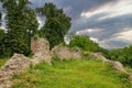 Medieval Halych Castle ruins under stormy sky in Ukraine