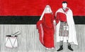 Medieval hand drawn illustration. Historical dressed man and woman