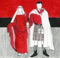 Medieval hand drawn illustration. Historical dressed man and woman