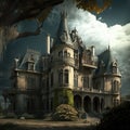 Medieval Haunted Castle, Gloomy Chateau, Drawing Imitation, Abstract Generative AI Illustration Royalty Free Stock Photo