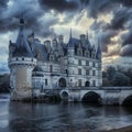 Medieval Haunted Castle, Gloomy Chateau, Old France Architecture, Chenonceau, Copy Space Royalty Free Stock Photo