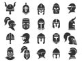 Medieval helmets. Ancient warrior knight head armor with visor plumage, spartan fighter protective elements flat style