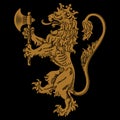 A medieval heraldic coat of arms, heraldic lion, heraldic lion silhouette, crowned lion holding an axe in its front paws