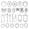 Medieval heraldic symbols isolate on white. Vector hand drawn illustrations