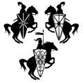 Medieval hero knight riding horse with heraldic shield black and white vector design set Royalty Free Stock Photo