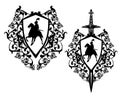 Black and white vector heraldic emblem with knight riding horse, sword and rose flowers Royalty Free Stock Photo