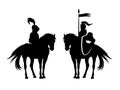 medieval hero knight riding horse with royal shield and banner black vector silhouette set Royalty Free Stock Photo