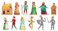 Medieval historical characters. Historic royal court alcazar knights, medieval peasant and king isolated cartoon vector