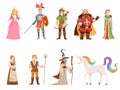 Medieval historical characters. Knight king queen prince princess fairy royal castle dragon horse witch set cartoon