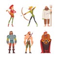 Medieval historical characters set. Minstrel, peasant, archer, king, knight, warrior cartoon vector illustration