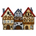 Medieval house. Village building. Old house with chimney. Cartoon retro illustration. European Small old town