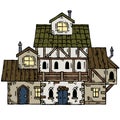 Medieval house. Village building. Old house with chimney. Cartoon retro illustration. European Small old town