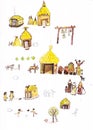 Medieval houses hand drawn color illustration, part of medieval series set