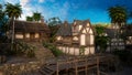 Medieval houses in an old port town by the sea. 3D illustration