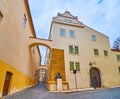 The medieval houses and Winston Churchill monument, Prague, Czech Republic