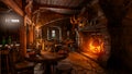 Medieval inn or tavern interior with tables of food and drink around a burning open fire. 3D rendering