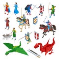 Medieval isometric characters set of isolated swords ancient weapons and human characters of warriors with dragons vector