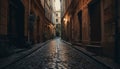 Medieval Italian city street illuminated by lanterns at dusk generated by AI Royalty Free Stock Photo