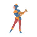 Medieval Jester Character in Bright Clownish Clothing and Bell Hat Playing Lute Vector Illustration