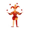 Medieval Jester in costume juggles apples, flat vector illustration isolated. Royalty Free Stock Photo