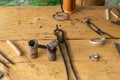 Medieval jeweler tool kit form for metal casting, blacksmith`s tongs