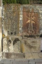 Medieval khachkars carved in the 12th century and installed near the Katoghike church in the Geghard monastery in Armenia