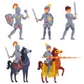 Medieval khight holding sword, royal knight with lance on horseback Royalty Free Stock Photo