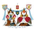 Medieval king and queen sitting on throne. Royal woman and man emperor in Middle Ages vector illustration. Historical Royalty Free Stock Photo