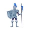 Medieval kingdom armored knight. Warrior holding lance ready to joust vector illustration